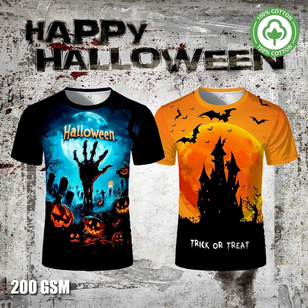 

Halloween Theme Printed Cotton T-shirt Pumpkin Ghost Pattern Funny T Shirts Unisex Casual Harajuku Round Neck Short Sleeve Tops