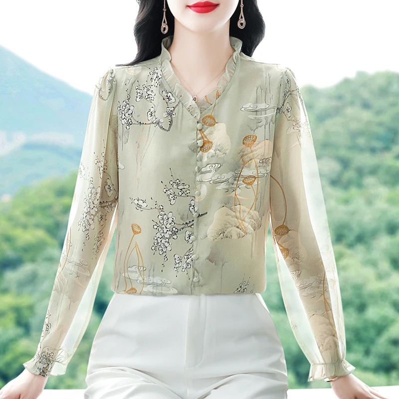 

2025 Spring Summer Tops For Women Long Sleeve Printed Shirt Elegant Fashion Ruffles Collar Women Chiffon Blouse