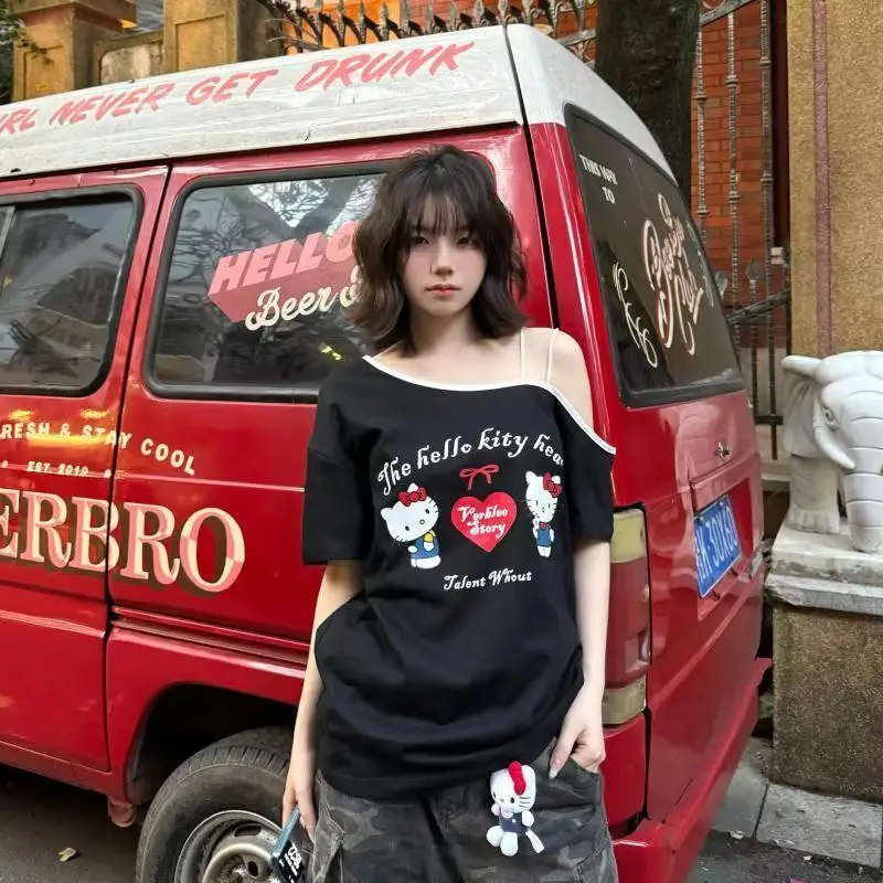 

Sanrio Hello Kitty American Style Print T-shirt Women's Summer Loose Design Niche Off Shoulder Top Trend Korean Version Y2K Tops