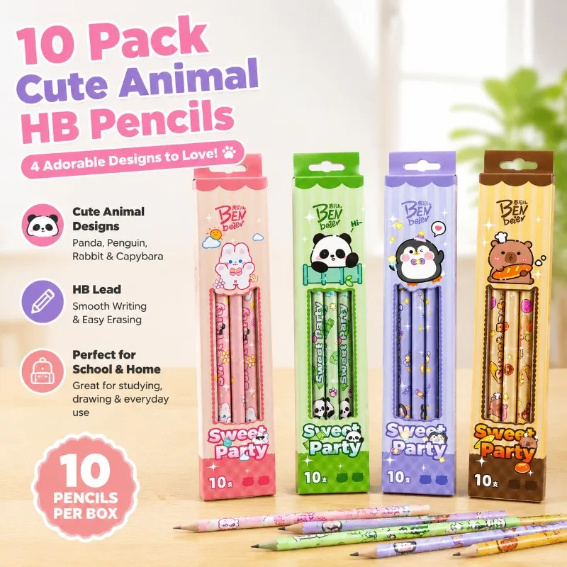 10er-Pack Niedliche Tier-HB-Bleistifte mit Panda-, Pinguin-, Erdbeer-Kaninchen- und Capybara-Designs