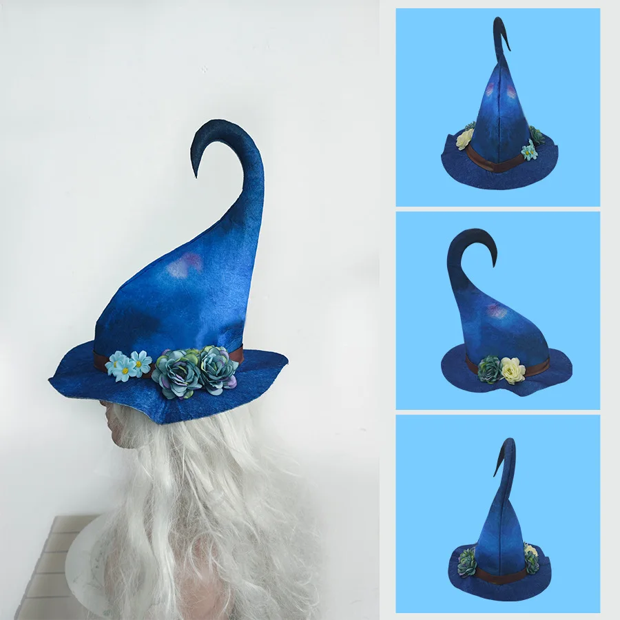 Halloween Witch Hat Cosplay Prop Dress Up Wicked Costume Accessory Soft Rose Flower Blue Flower Decor Halloween Felt Witch Hat