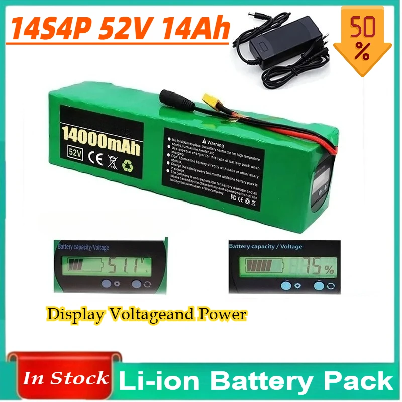 14S4P 52V 14Ah Li-ion Battery Pack with Display for Electric Bikes Skateboards Motorcycles+charging