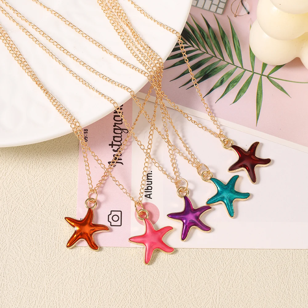 Aihua Niedliche Seestern-Anhänger-Halskette für Frauen und Mädchen, bunte Sommer-Strandmode, Seestern-Halskette, Ohrringe, Schmuck, Geschenke – Detail 2