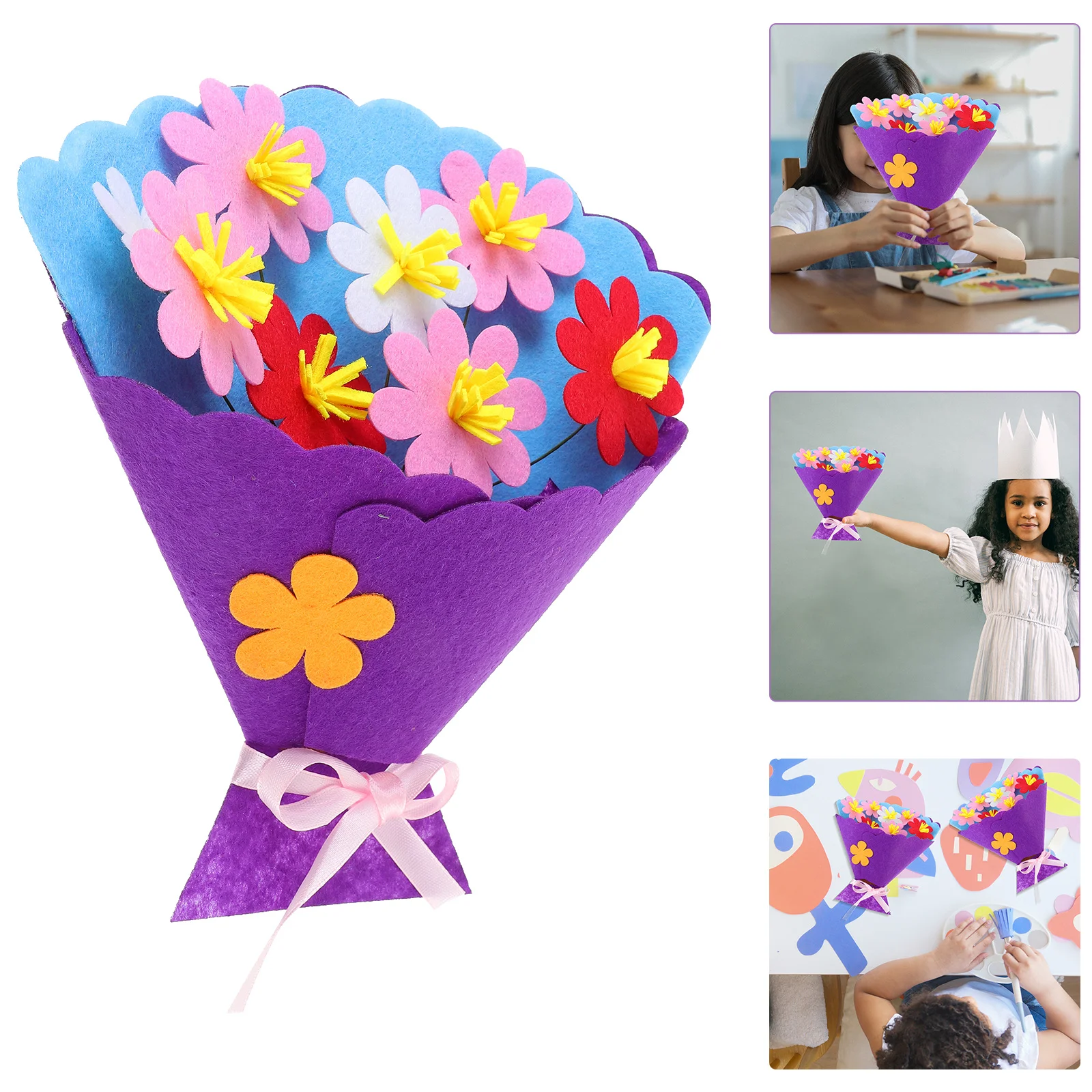 Kit di materiali per bouquet fai-da-te da 3 pezzi per bambini Set artigianale creativo fatto a mano Attività educativa Assemblaggio luminoso Viola