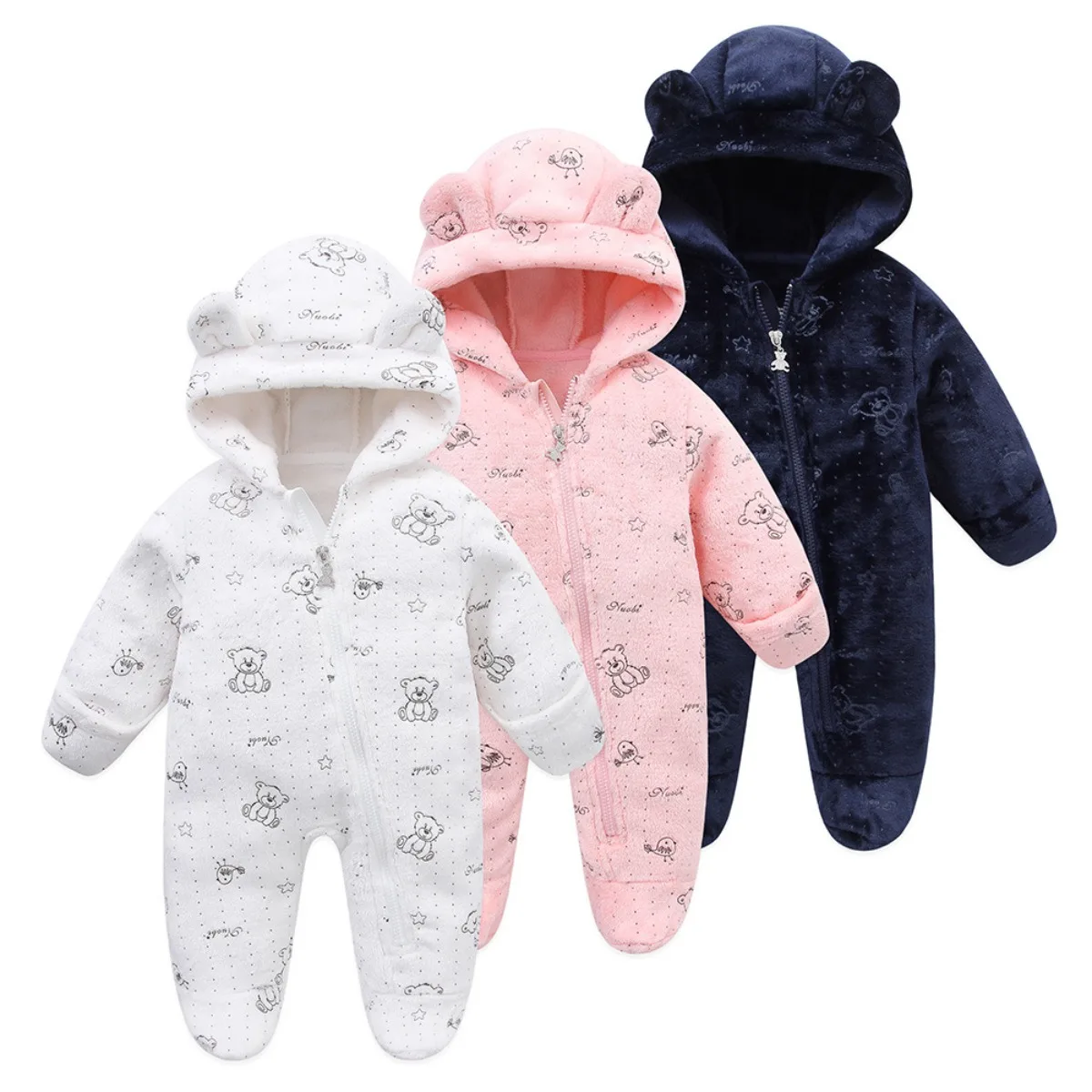 Winter Newborn Baby Romper Cute Bear Ear Hood Footed Jumpsuit Soft Warm Fleece Onesie Zipper Front Infant Sleepsuit 0-12 Months