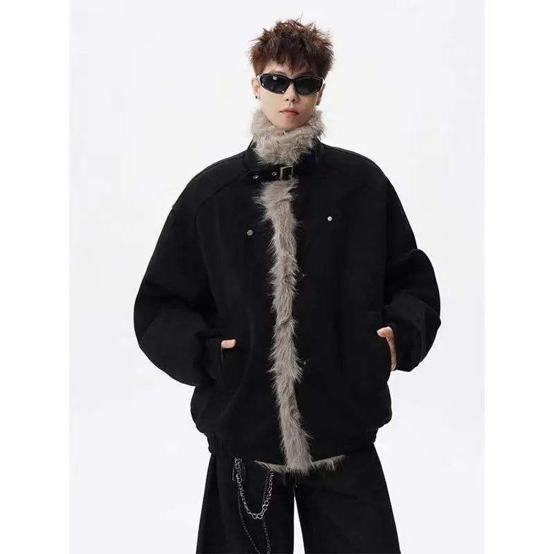 

Американская ретро-куртка с меховым воротником из хлопка для мужчин и женщин, свободная зимняя утепленная куртка на одной пуговице, утолщенная, в стиле High Street, с воротником-стойкой