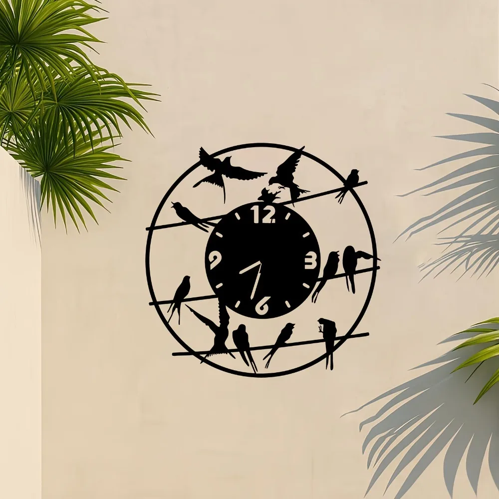 Bird Clock Iron Wall Art Movable Branches Outdoor Patio Fence Rustproof Waterproof Hanging Decor Ornament