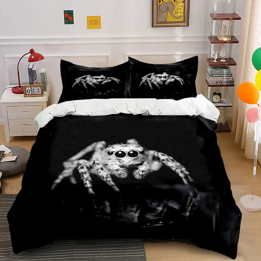 Jumping Spider Black and White Dark Style Pattern Duvet Cover Set Digital Print Colorful Polyester Bedding with Zipper Closur