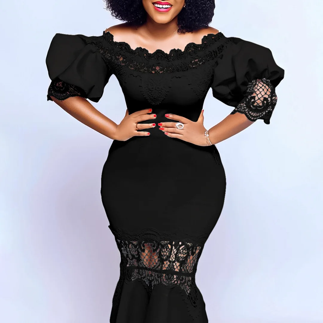 Feminino uma palavra gola manga bolha renda emenda banquete fishtail vestido saia vestido longo temperamento simples sexy high-e