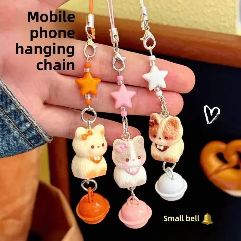 Cute Cartoon Three Dimensional Kitten Bell Mobile Phone Lanyard Beaded Matching Keychain Women Fashion Bag Charm Accessories