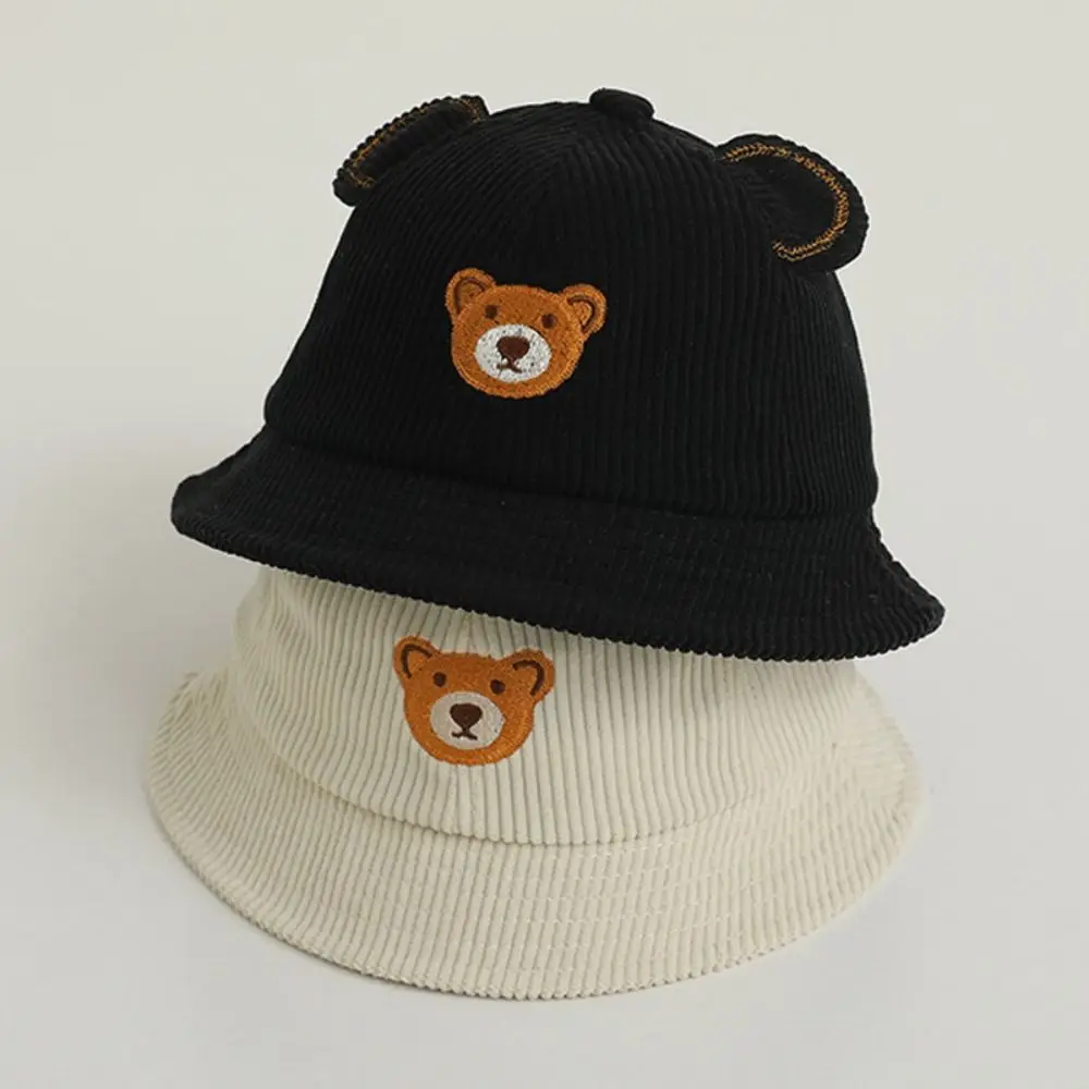 

Outdoor Cartoon Bear Baby Bucket Hat Sunscreen Corduroy Kids Caps Cute Fisherman's Hat Boys Girls