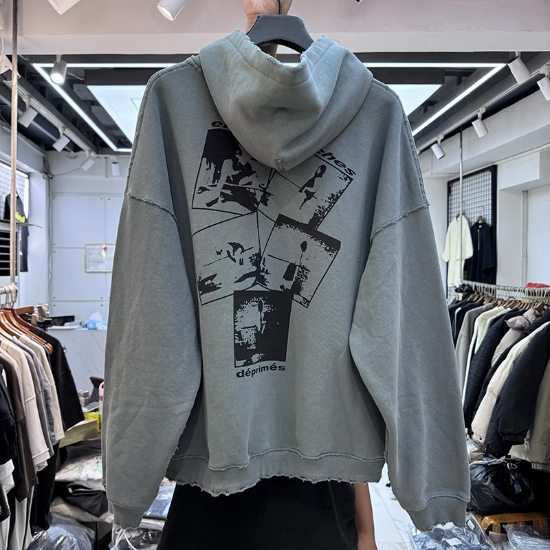 Depressed Rich Second Generation Illustration Print Frayed Hem Loose Fit Hoodie Vintage Fleece Lined Trendy Sweatshirt