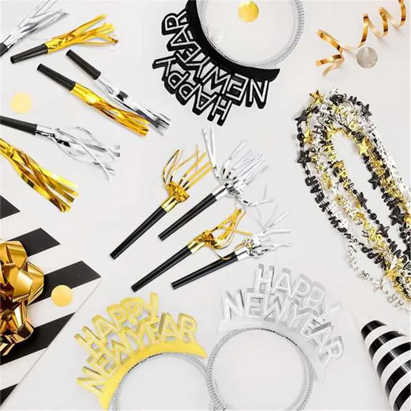 A74E-مجموعة زينة السنة الجديدة السعيدة - 36 قطعة، ملحقات دعائم كابينة الصور NYE يمكن ارتداؤها - مستلزمات حفلات رأس السنة الجديدة