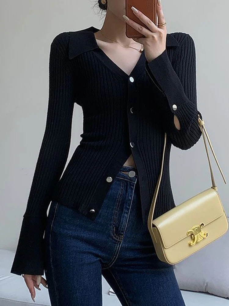 Autumn Knitted Cardigan Women Korean Fashion Polo Collar Sweater Office Ladies Elegant Long Sleeve Single Breasted Slim Knitwear