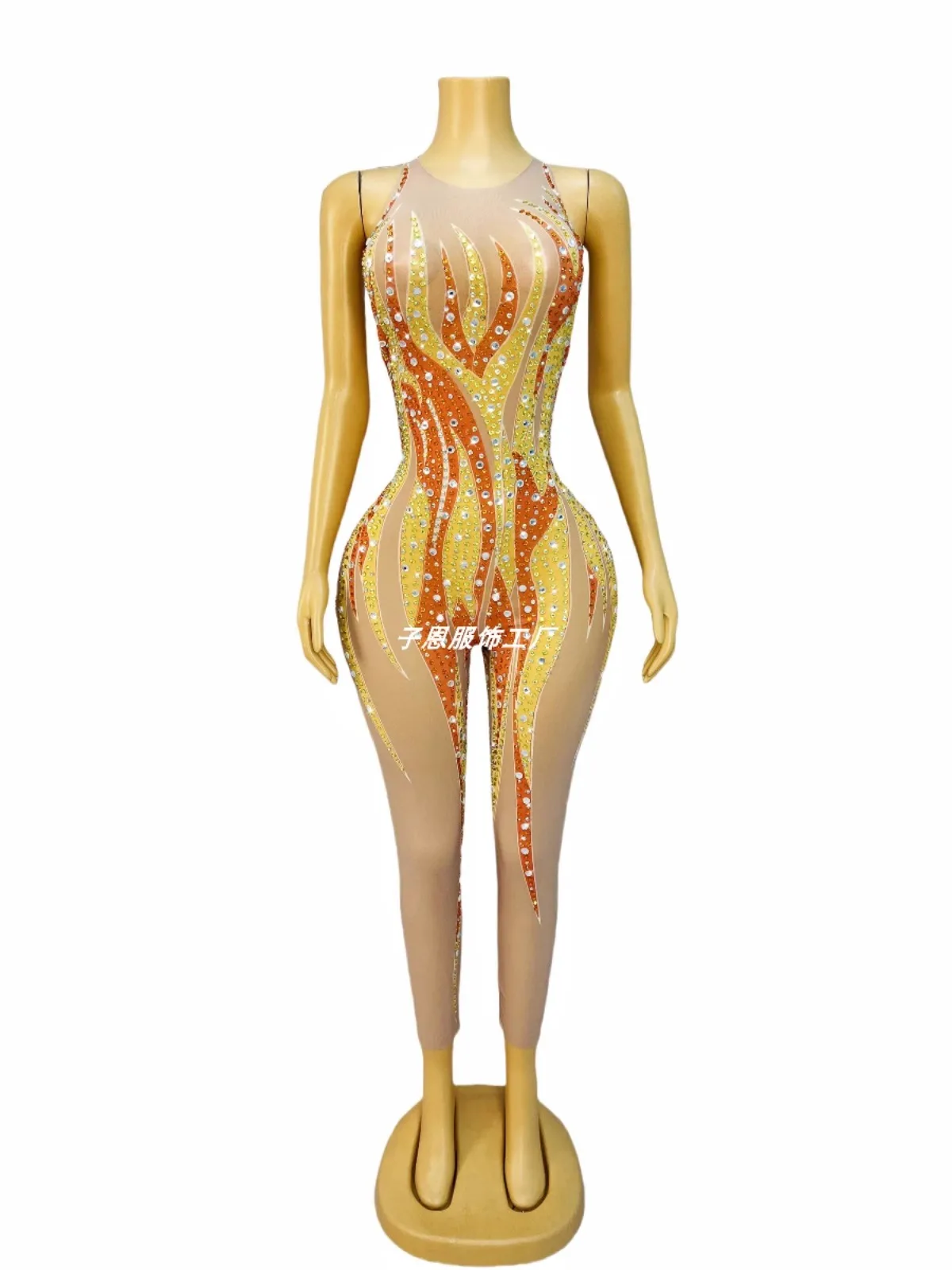 

Design sparkling rhinestone sexy gauze jumpsuit female singer party night dance costume