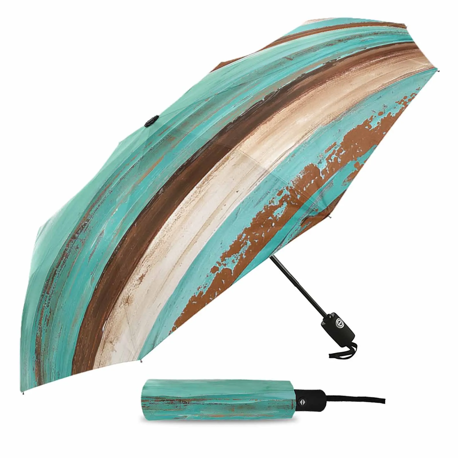 Abstract Wood Grain Brown Turquoise Gradient Fully-automatic Umbrella for Outdoor Adults Umbrella Foldable Eight Strand Umbrella