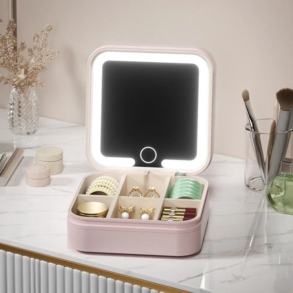 

Detachable Jewelry Box with Mirror Portable Large-capacity LED Lighted Earrings Case Zipper Closure Space Saving