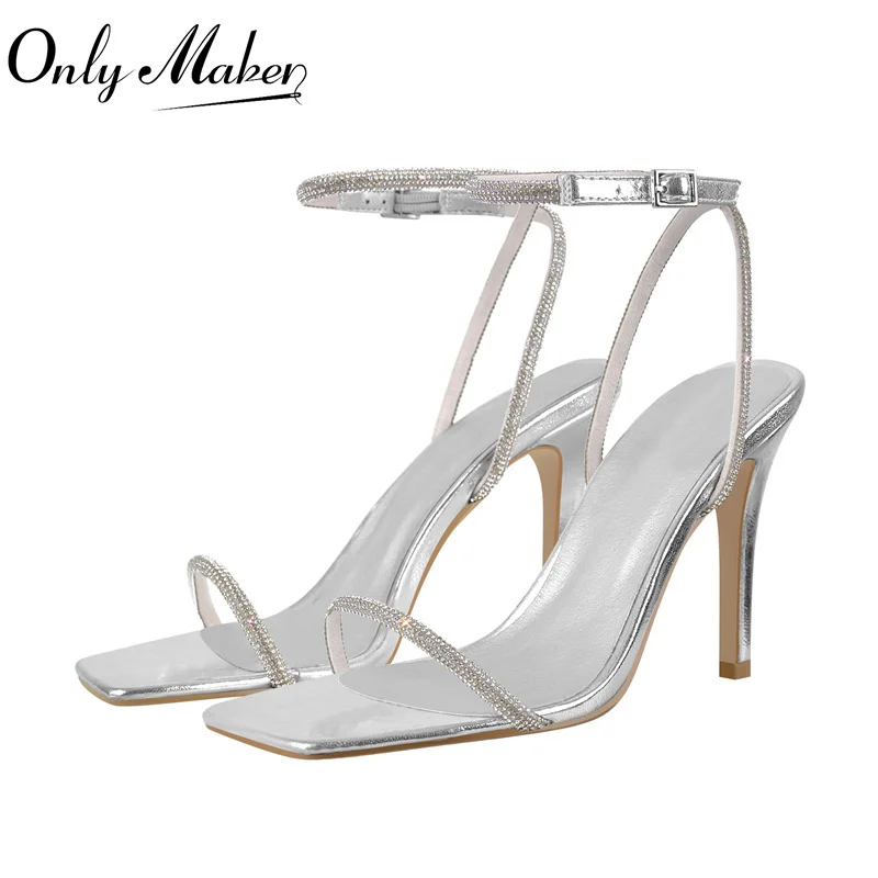Onlymaker Women Sandals Square Toe Sandals Sequin Crystal Thin High Heels Ankle Buckle Shoes Concise Big Size Summer Sandals