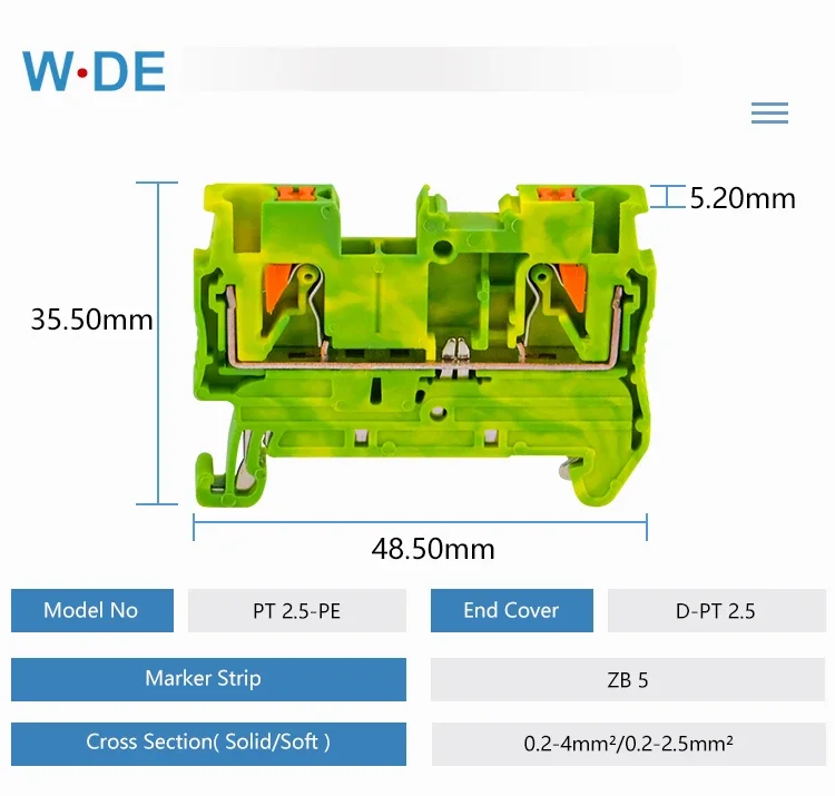 Din Rail Ground Terminal Block 10 ชิ้น PT-2.5PE ฤดูใบไม้ผลิการเชื่อมต่อฟีดผ่าน Push In PT2.5-PE ตัวนําลวด