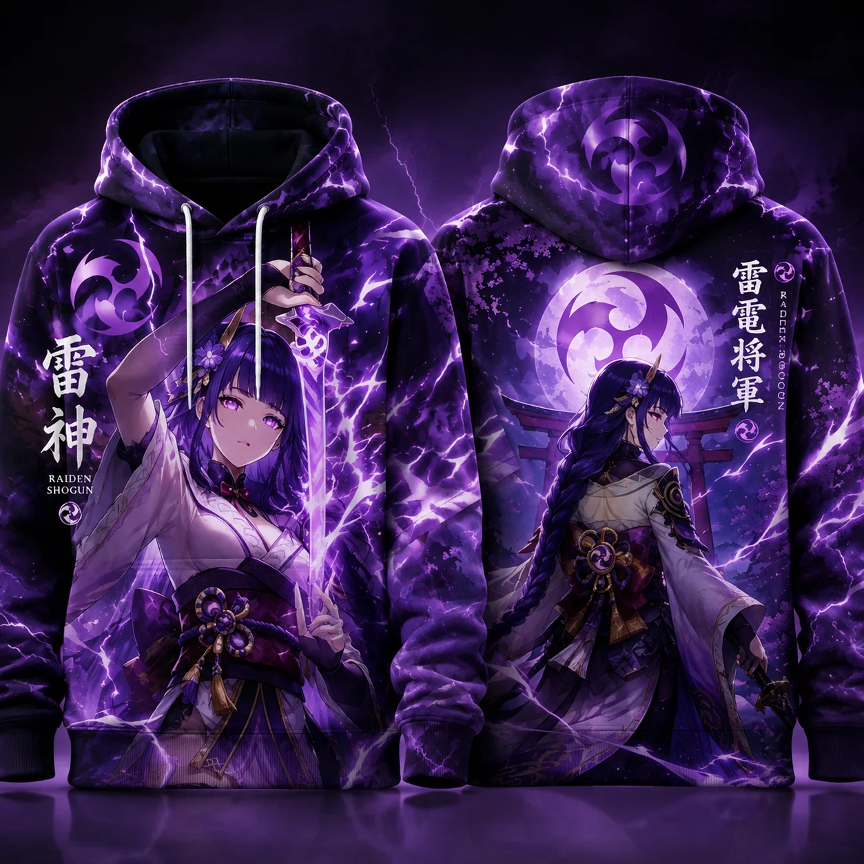 Anime Genshin Impact Raiden Shogun Purple Lightning Graphic Hoodie Unisex Cosplay Long‑Sleeve Hooded Sweatshirt