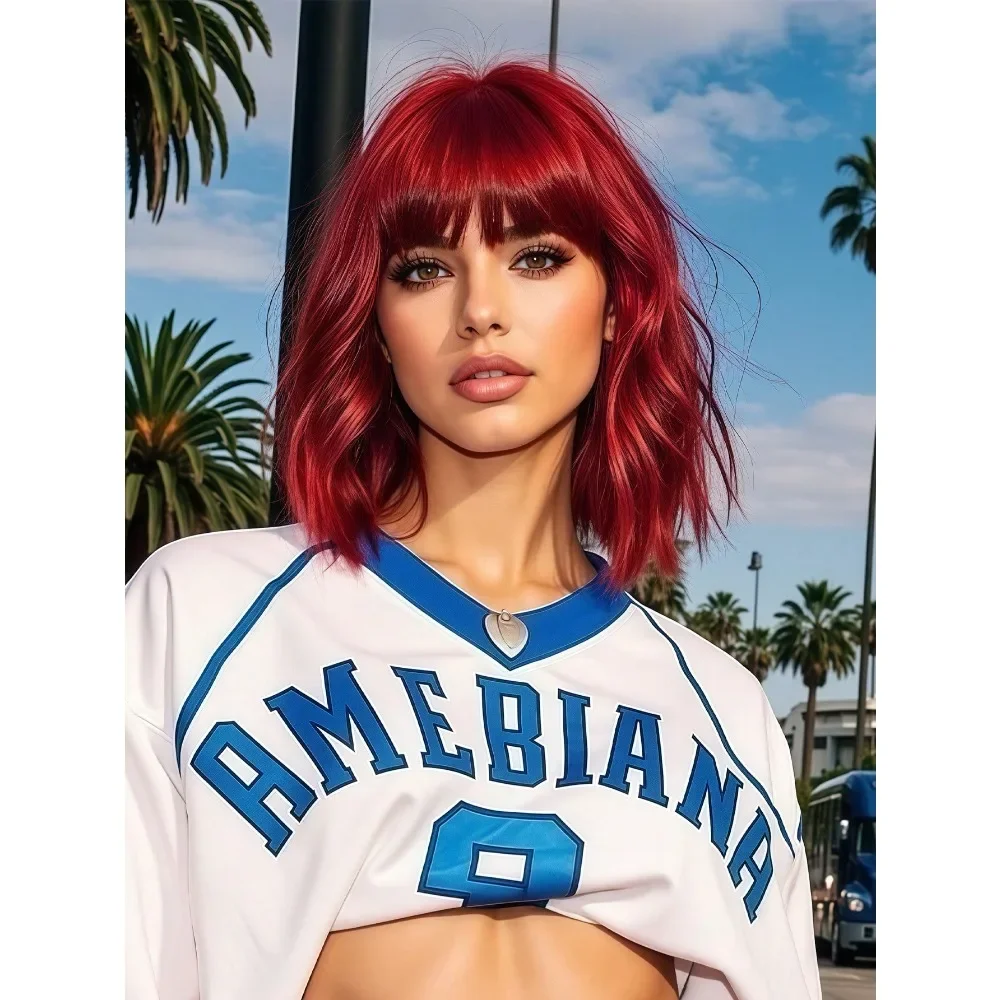 

Dreamy Color Purple 12 Inch Bob Wigs For Women Curly Wavy Wigs With Bangs Short Heat Resistant Synthetic Wigs For Party Costume Daily Wear Colorful Wigs Coachella Music Festival HOTSALES