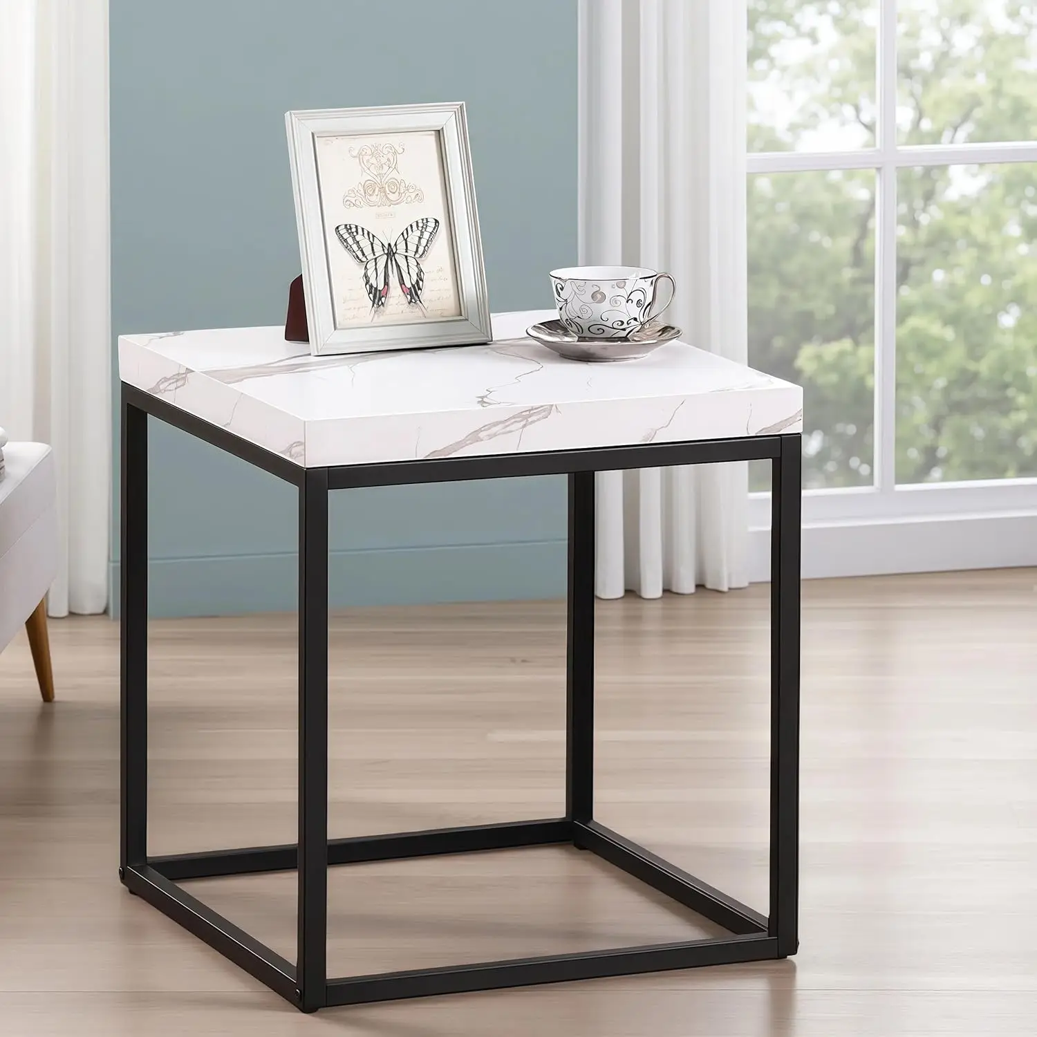 

18-Inch Marble Accent End Table/Side Table for Living Room, Modern Industrial, Square, Metal and Wood (White Marble)