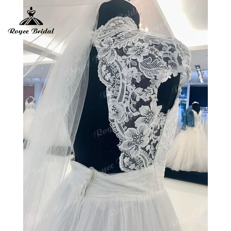 Boho abiti da sposa collo alto manica berretto corpetto di pizzo pieghe di Tulle senza schienale spiaggia 2023 abito da sposa Vintage su misura elegante