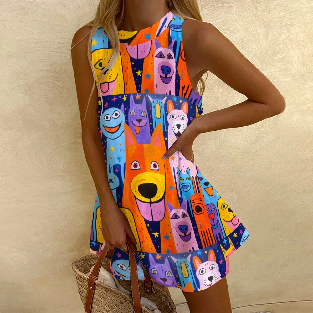 Women's Sleeveless Dress Fun Puppy Graphic Beach Skirt High Waist A-shaped Skirt Women Dating Clothing Crew Neck Fashion 2024