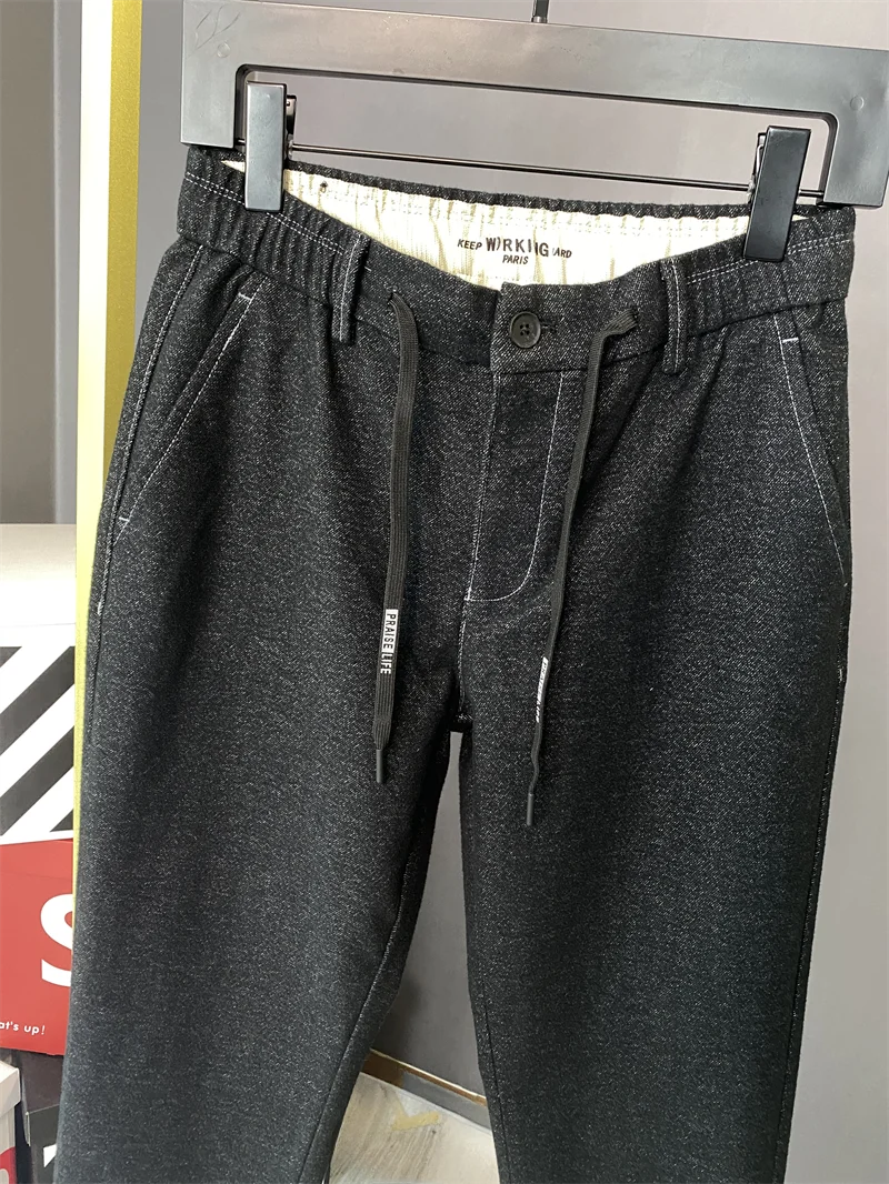 

Thiened Straight Leg Fce Denim Pants Dstring Elastic Waist Men's Long Trousers Autumn Faion Casual Cotton Blend