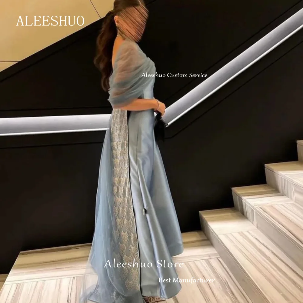 Aleeshuo-فستان سهرة أنيق باللون الرمادي الساتان والتول للنساء ، فستان حفلة موسيقية بأكمام ، طول الكاحل ، مناسبة رسمية