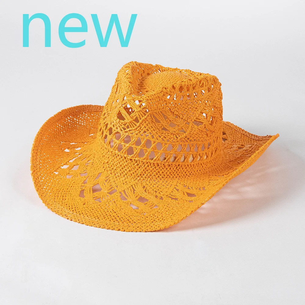 New Orange 2024 Cowboy Straw Hat Hand-woven Hollow Men\'s and Women\'s Summer Sun Hat Jazz Straw Hat Western Cowboy Hat  sombrero