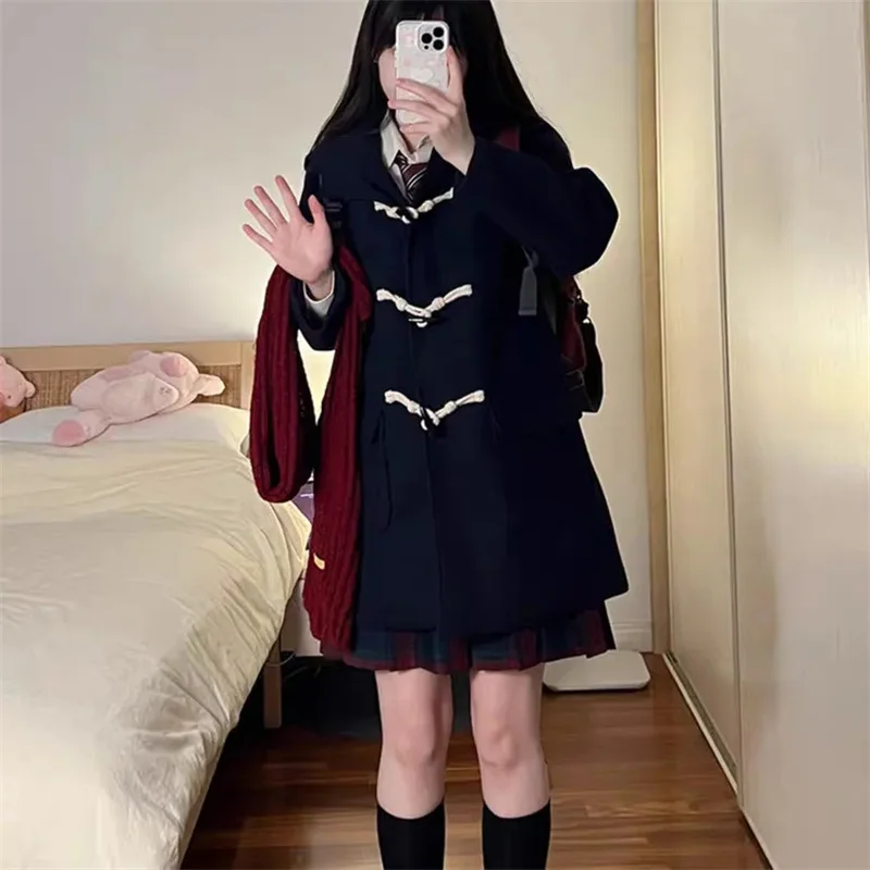 Female Student Cow Horn Button Coat Autumn Winter Add Velvet Woolen Mid length Hooded Coat New Women's Woolen Coat Wool Overcoat