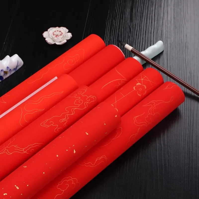 10 Sheets Chinese New Year Couplets Paper - Thick Red Xuan Paper with Gold Flakes, Half-raw & Half-ripened for Spring Festival