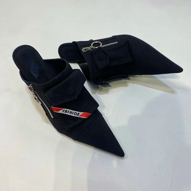 2026 Women's High Heel Pointed Slippers Washed Denim Vintage Distressed Sandals Pocket Zipper High Heel Outwear Slippers 34-43