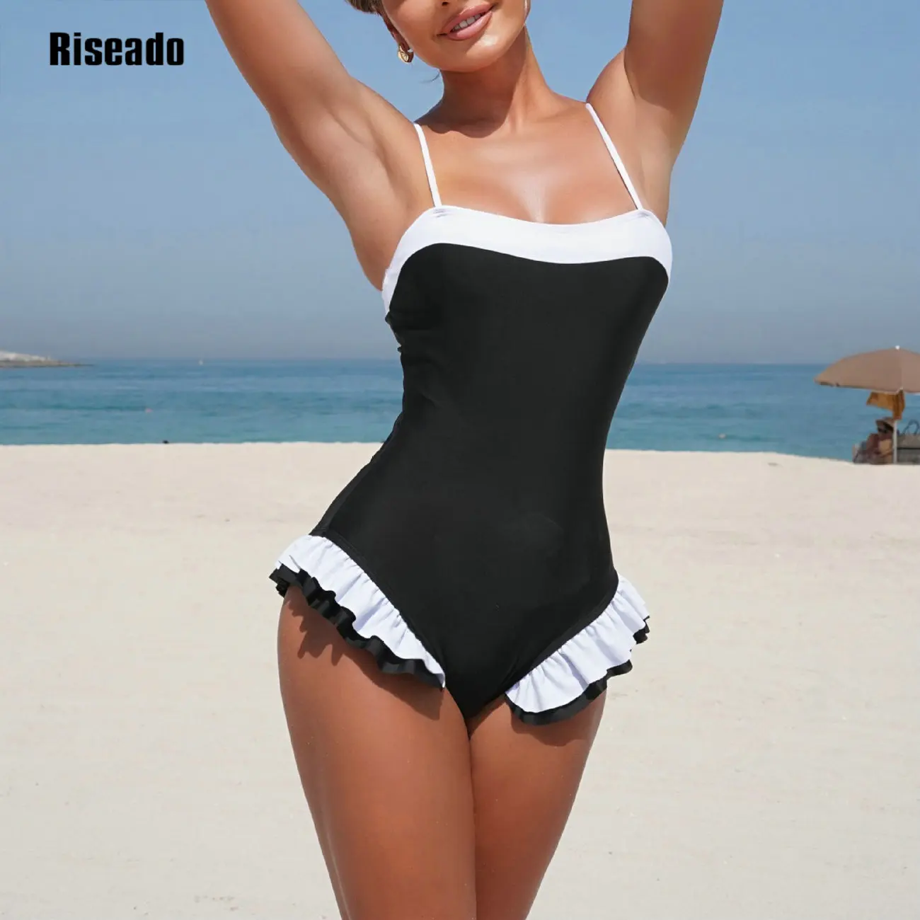 

2026 New One Piece Womens Swimsuits Ruffle Bathing Suit Spaghetti Strap Square Neck Tummy Control Slimming Swimwear