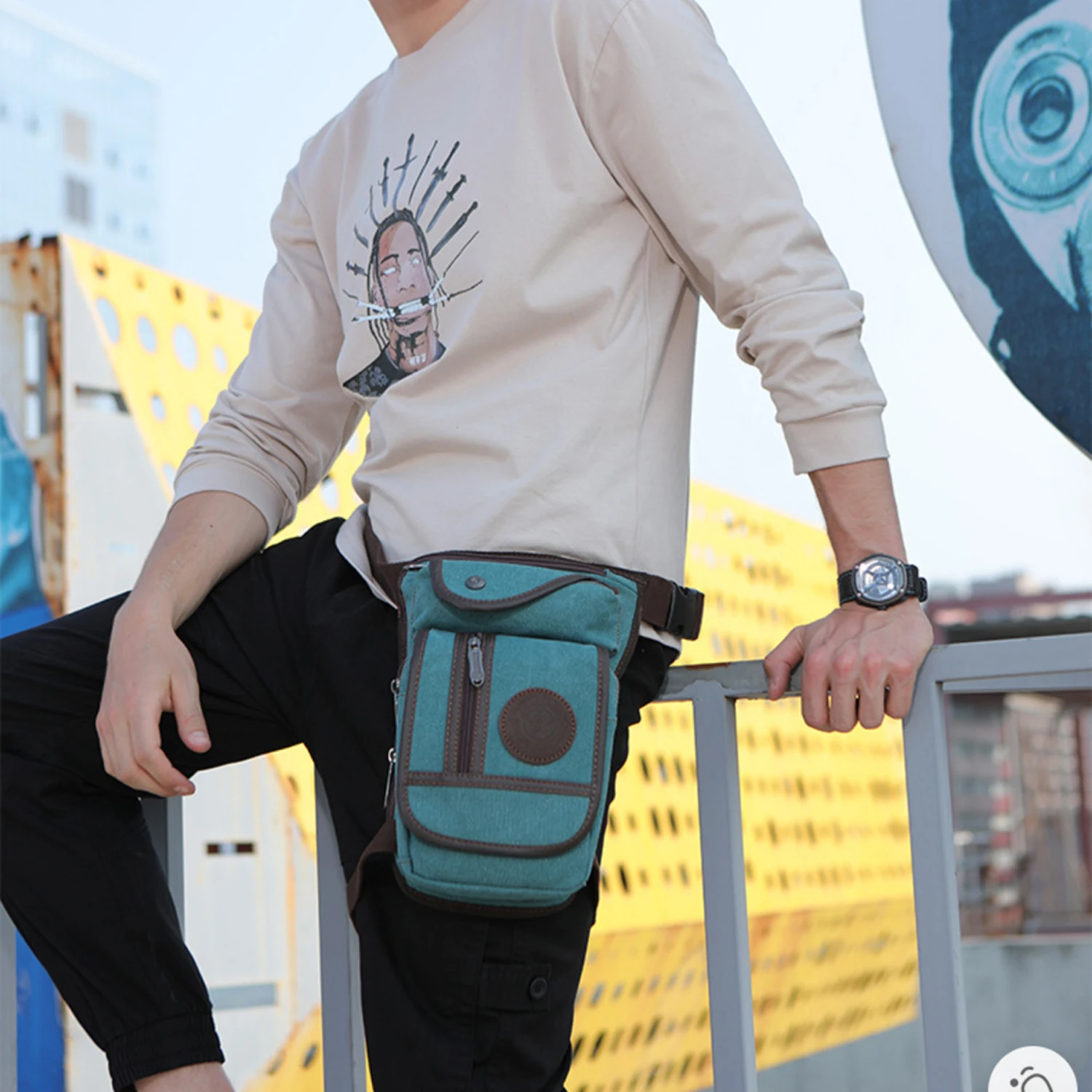 Men's Retro Canvas Waist Bag, Casual Crossbody Bag, Multifunctional Sports Leg Bag, Outdoor Cycling Phone Pouch, Durable and Versatile, Lake Blue