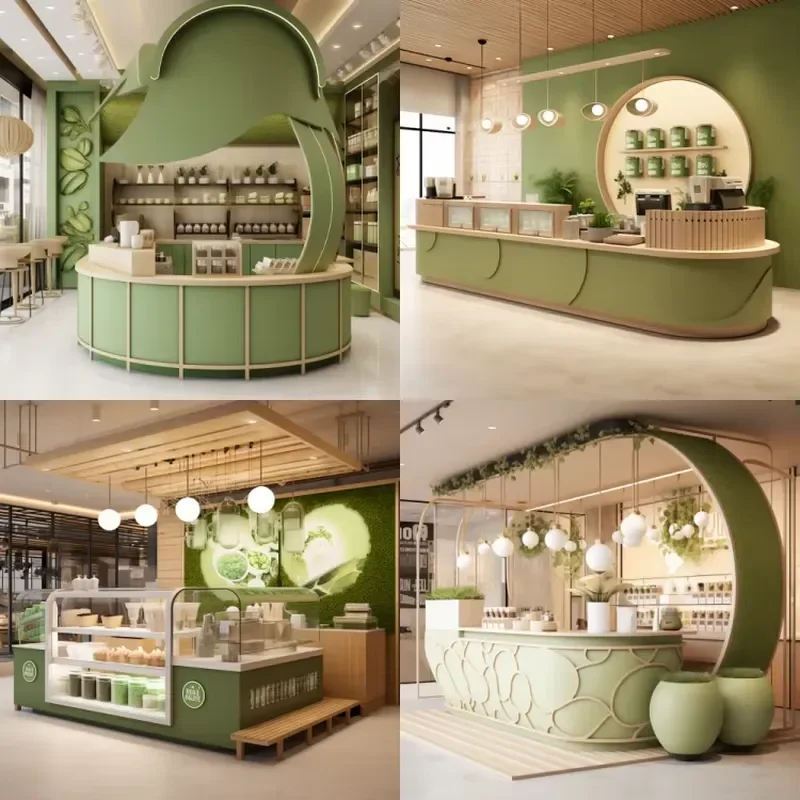 Modern Custom Retail Milk Stores Display Wooden Fixtures Bubble & Coffee Shop Interior Decoration LED Lighting