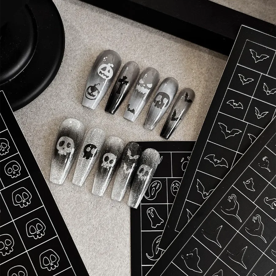 

Наклейки для ногтей на Хэллоуин, аэрограф, трафареты для дизайна ногтей, самоклеящиеся с черепом, призраком, ведьмой, летучей мышью, тыквой, гримаса, дизайн, 6 листов