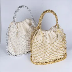 Gold silver 2 color bright paper ropes hollow woven handbag cotton lining straw bag female Reticulate handbag netted beach bag