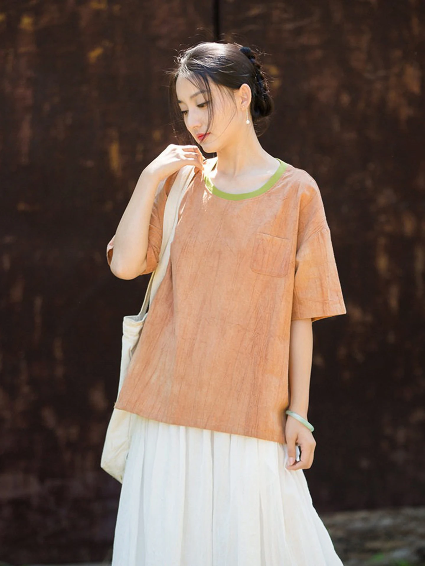 Cotton Linen Women's Top Summer New Style Dyed Loose Short Sleeve round Neck Tea Service T-Shirt Artistic Casual Breathable