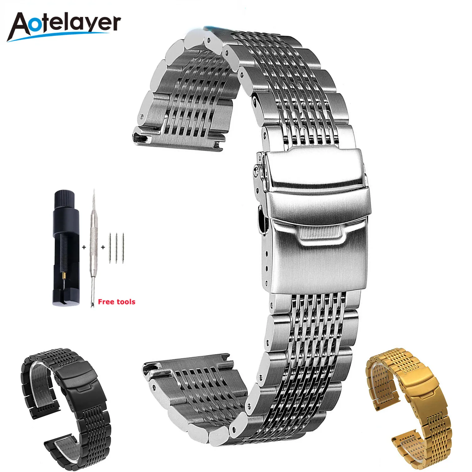 18mm 20mm 22mm 24mm Solid Mesh Stainless Steel Watch Band Bracelets WristBand Deployment Buckle Brushed/Polished Strap