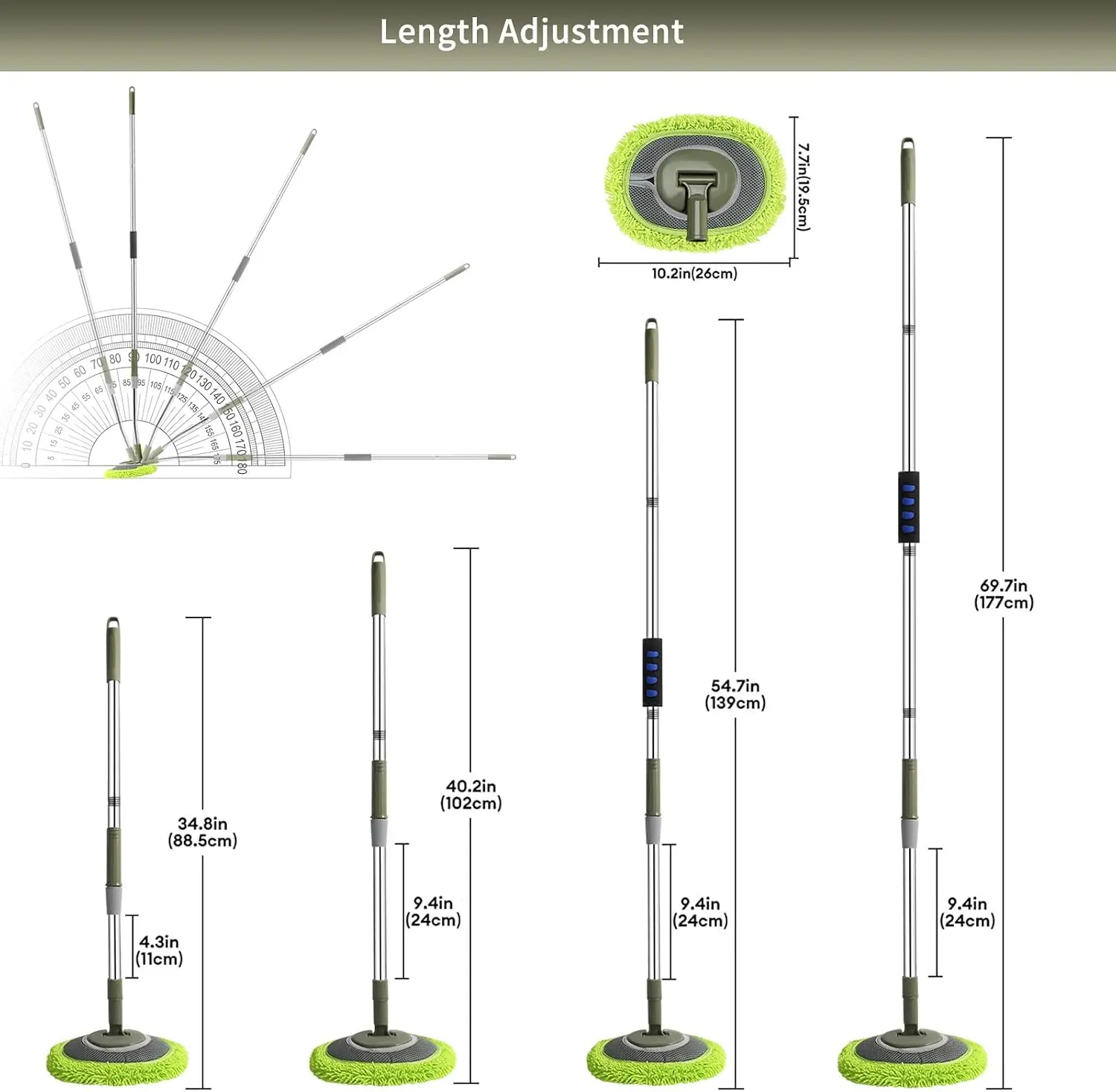 66'' Wall Mop with Long Handle, Ceiling Dust Mop with 15° Elbow Extension Pole, Baseboard Duster Washer Scrubber, High Reach
