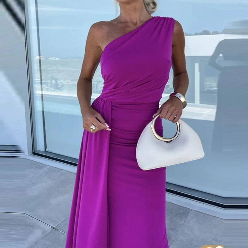 Robe moulante asymétrique Sexy pour femmes, couleur unie, élégante, épaules dénudées, ruban enveloppant les hanches, robe de loisirs plissée, robe de Banquet pour femmes