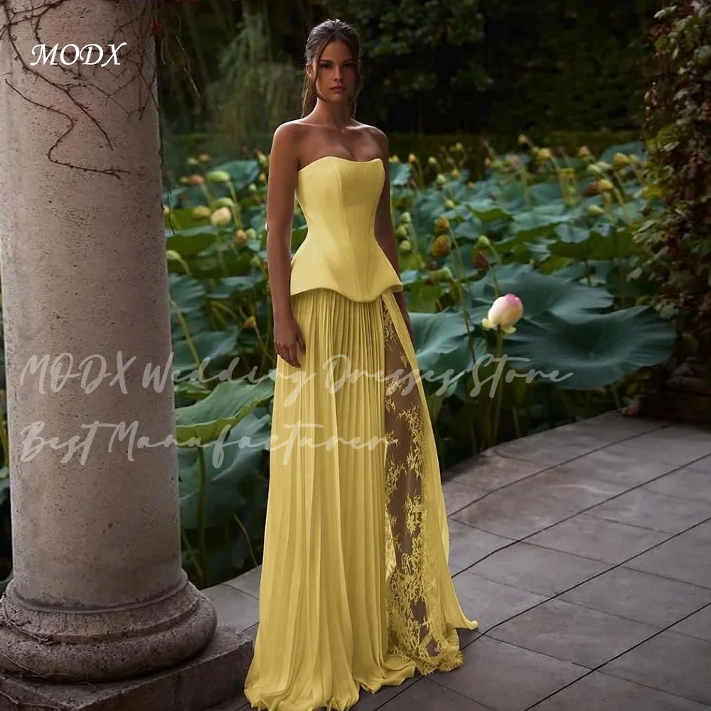 MODX Gorgeous Evening Dress Yellow Strapless Corset Pleated High Slit Lace Patchwork Floor Length Prom Gowns Party Vestidos