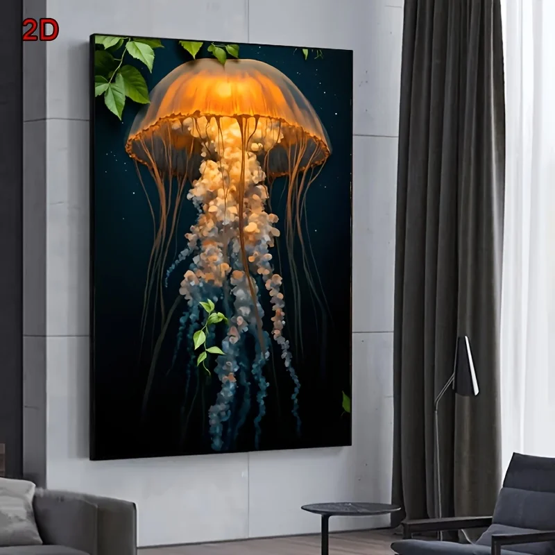 2D Flat Print, Frameless Canvas Art - Giant Jellyfish in Deep Sea, Ocean Biome Theme, Unframed Wall Art for Living Room, Bedroom - view 3