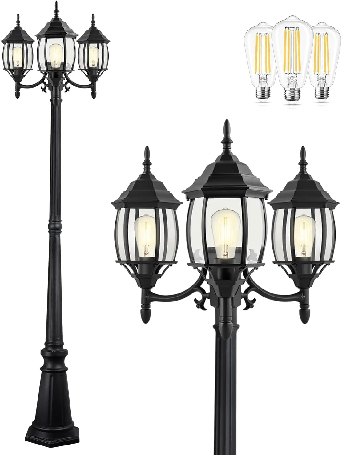 3 head outdoor lamp post light classic black clear glass panels e26 base 100w max 3 led bulbs included waterproof backyard garde