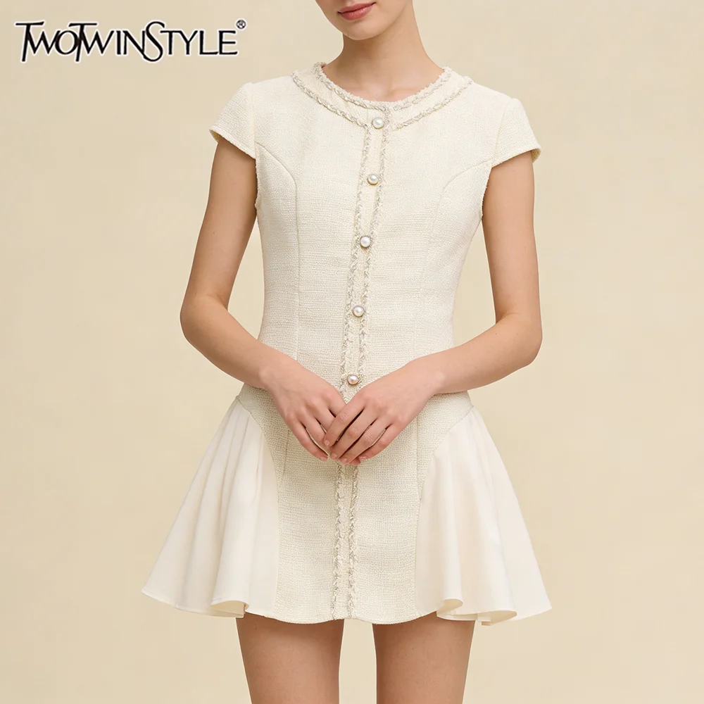 

TWOTWINSTYLE Chic Business Meetings Tweed Mini Dress for Women Short Sleeve Pearl Button Accent Ruffled Hem for Office Commute
