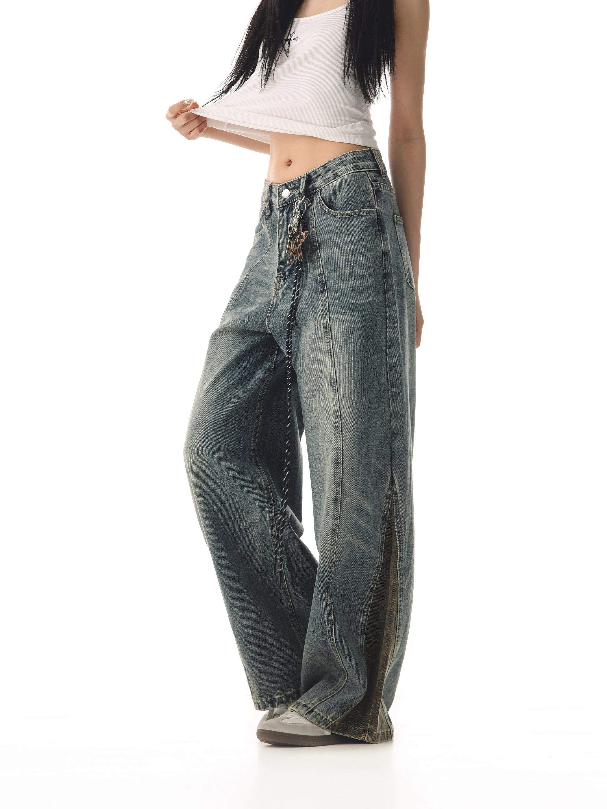 

Женские джинсы с высокой талией, винтажные, с леопардовым принтом и пэчворком, свободного кроя, CCAPTAINBEER Beer Captain Knife Dragging Pants