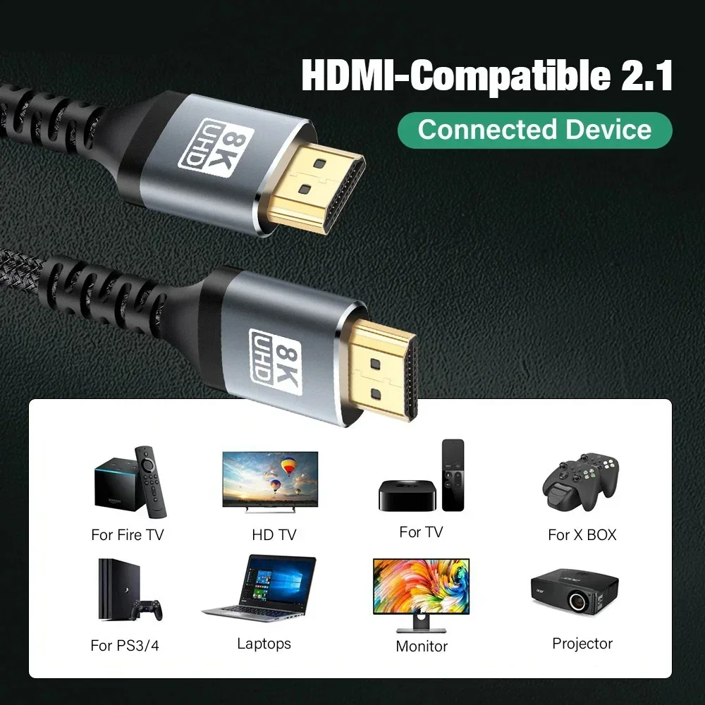 KEBIDUMEI 8K 60HZ 4K 120HZ HDMI 2.1 Cable 48Gbps HDR For HDTV PC Laptop Projector Monitor PS5 Xbox 1m 2m