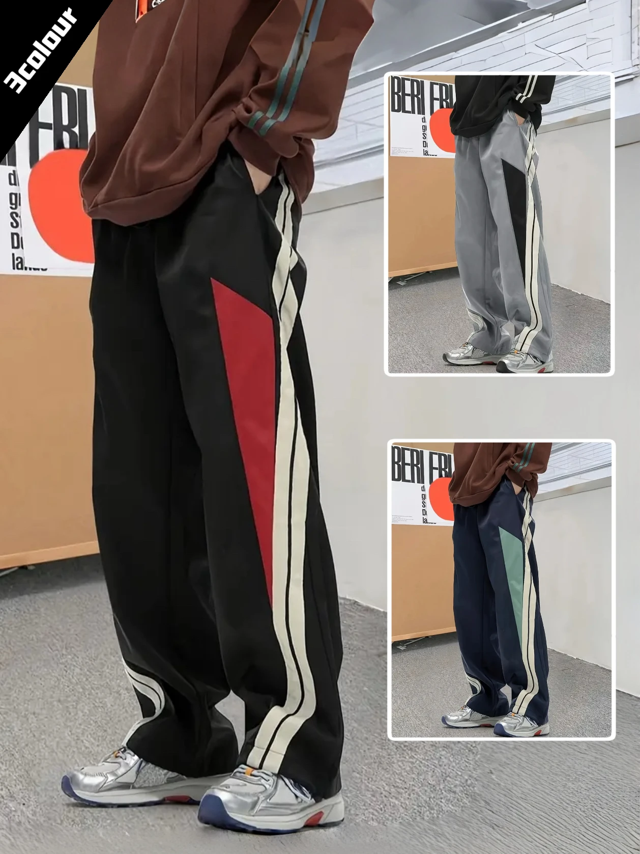 

Men's Three-Color Color-Block Striped Loose Sports Pants, Retro Trendy Style for Daily Commute & Streetwear Casual Wear